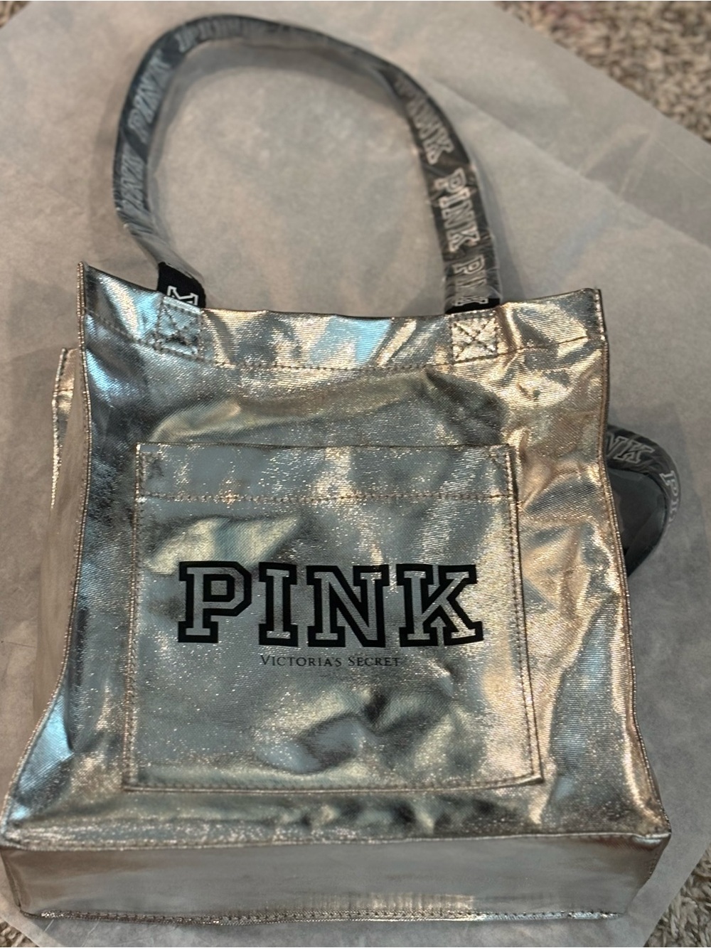 PINK Victoria's Secret Shimmery Silver Tote with body wash, face mask and sponge